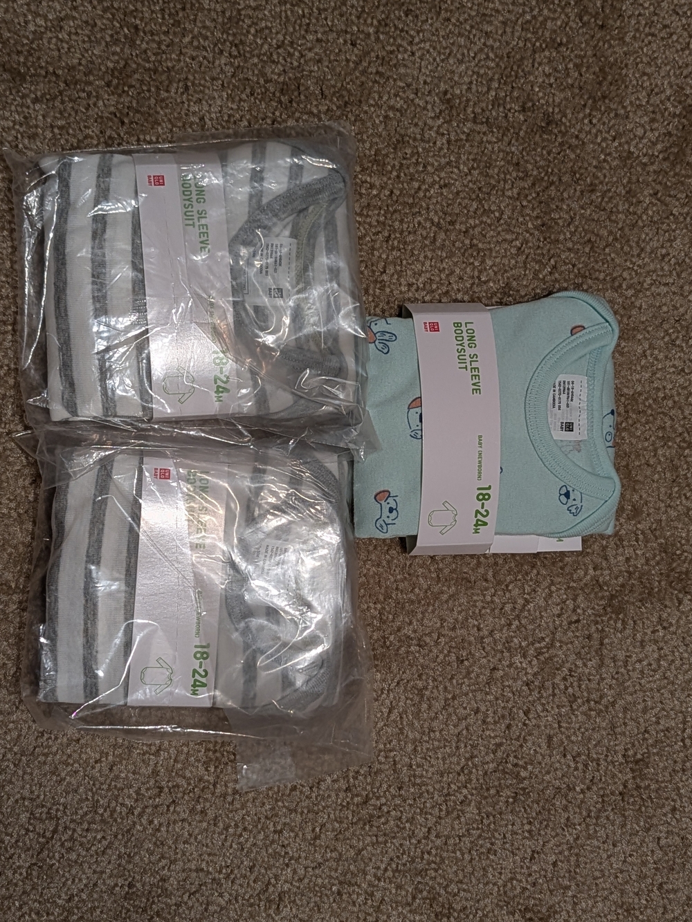 UNIQLO Baby Long-Sleeve Bodysuit - Mint And Stripes (18-24M) - 3-Pack